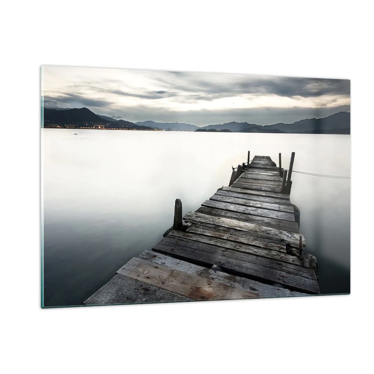 Cuadro sobre vidrio - Impresiones sobre Vidrio - Un embarcadero de madera con el telón de fondo de un lago tranquilo al atardecer. - 120x80cm - Sumérjase en la paz - Decoración de pared moderna para salón y dormitorio ARTTOR