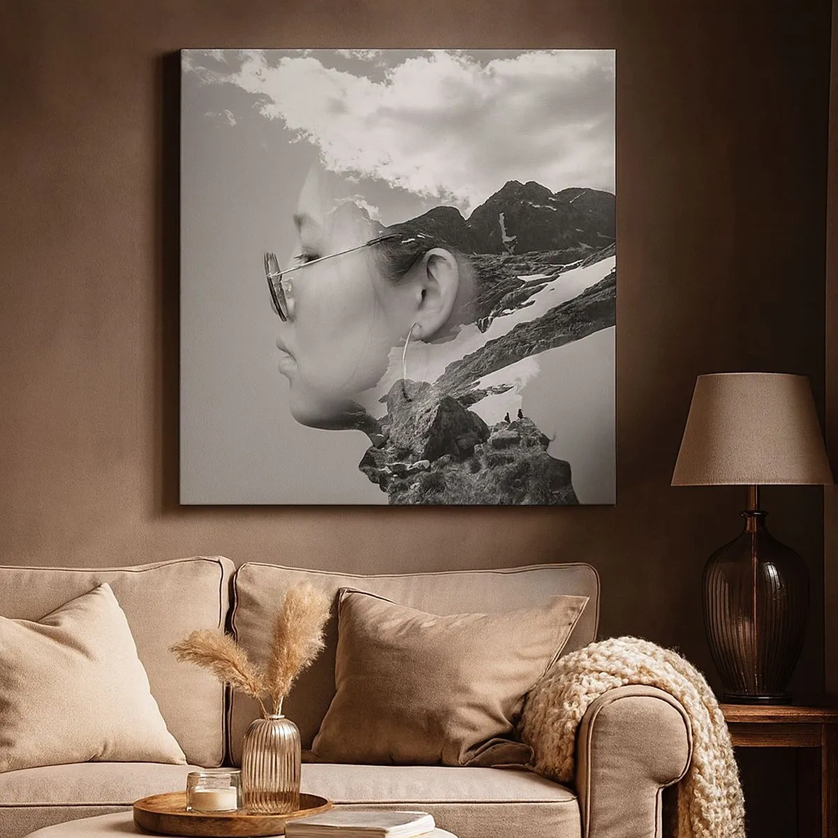 Cuadro sobre lienzo - Impresión de Imagen - Retrato sobre montañas y nubes - 30x30 cm