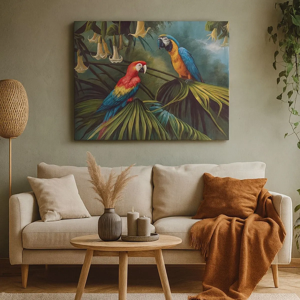 Cuadro sobre lienzo - Impresión de Imagen - Loros en un bosque tropical con flores exóticas al fondo. - 70x50cm - Romanticismo en los trópicos - Decoración de pared moderna para salón y dormitorio ARTTOR