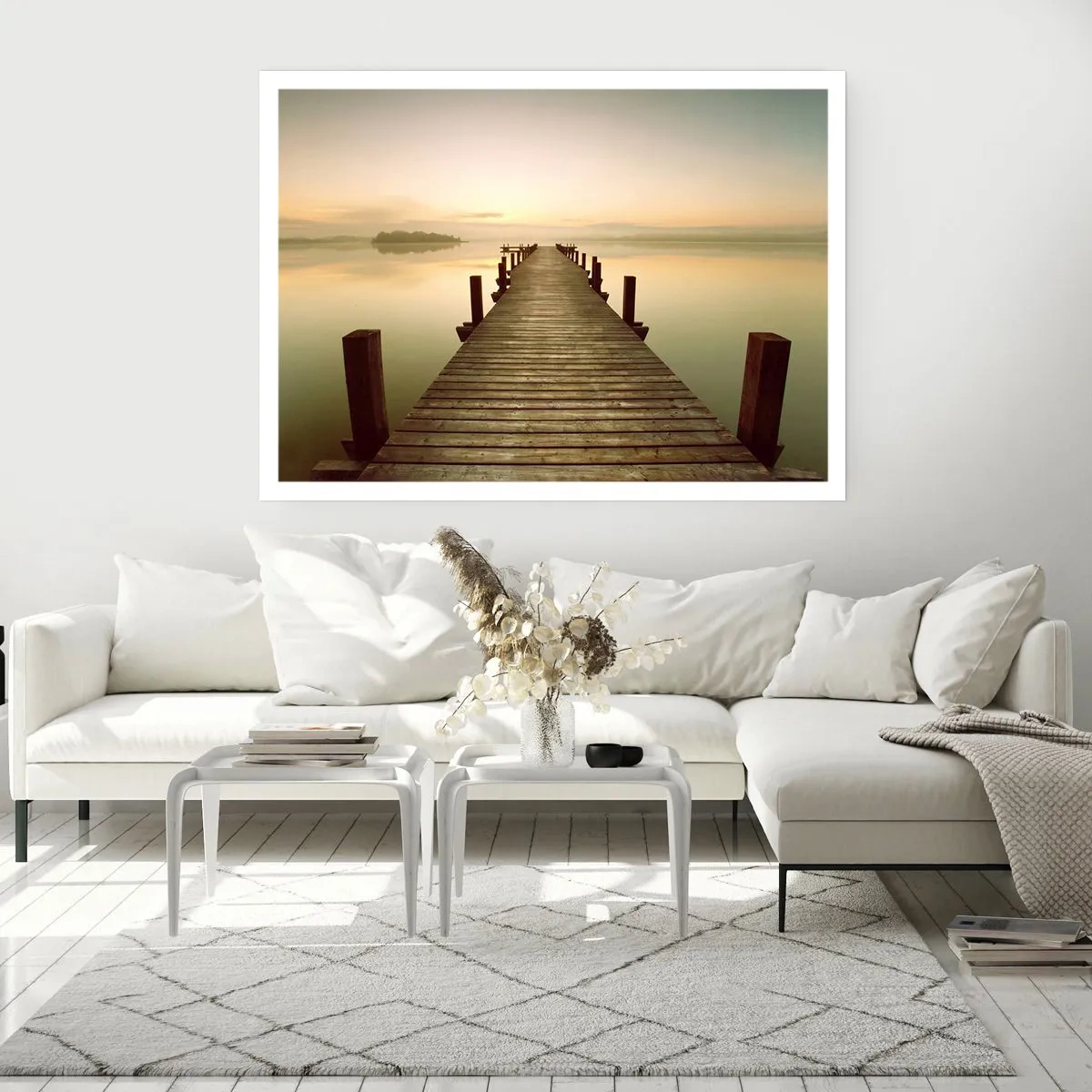 Póster - Un embarcadero de madera en un lago tranquilo por la mañana. - 100x70cm - Antes del amanecer, al amanecer, la luz - Decoración de pared moderna para salón y dormitorio ARTTOR