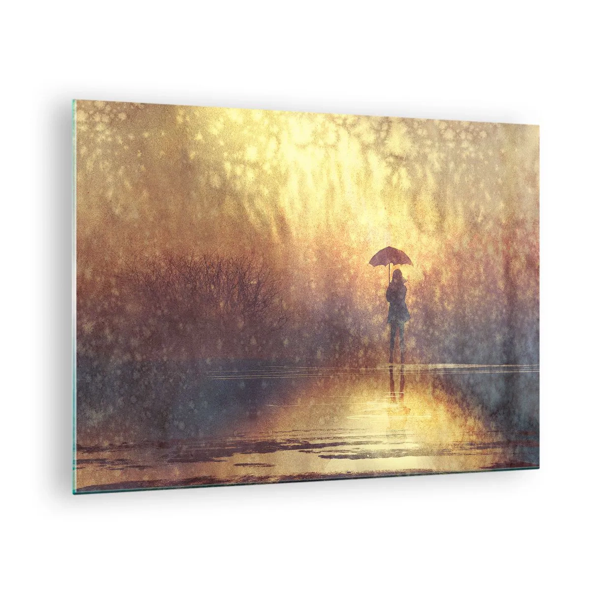 Cuadro sobre vidrio - Impresiones sobre Vidrio - Una figura con un paraguas a la luz del sol poniente y la lluvia. - 70x50cm - Siento que alguien me mira - Decoración de pared moderna para salón y dormitorio ARTTOR