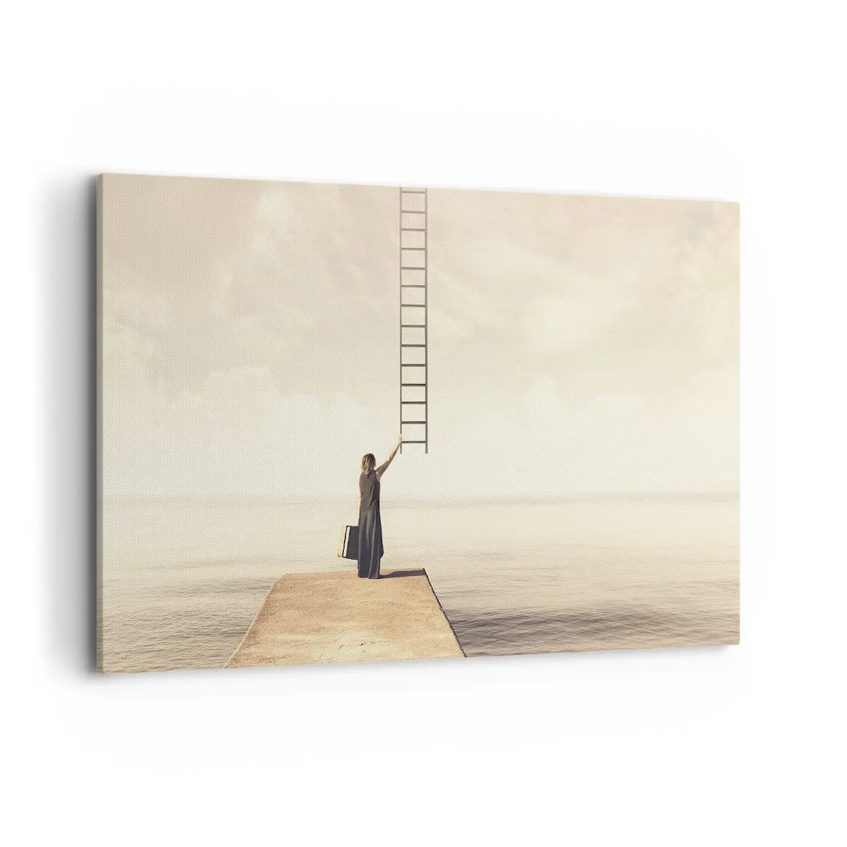Cuadro sobre lienzo - Impresión de Imagen - Una mujer parada en un muelle con una escalera que conduce al cielo. - 120x80cm - Un viaje mágico - Decoración de pared moderna para salón y dormitorio ARTTOR