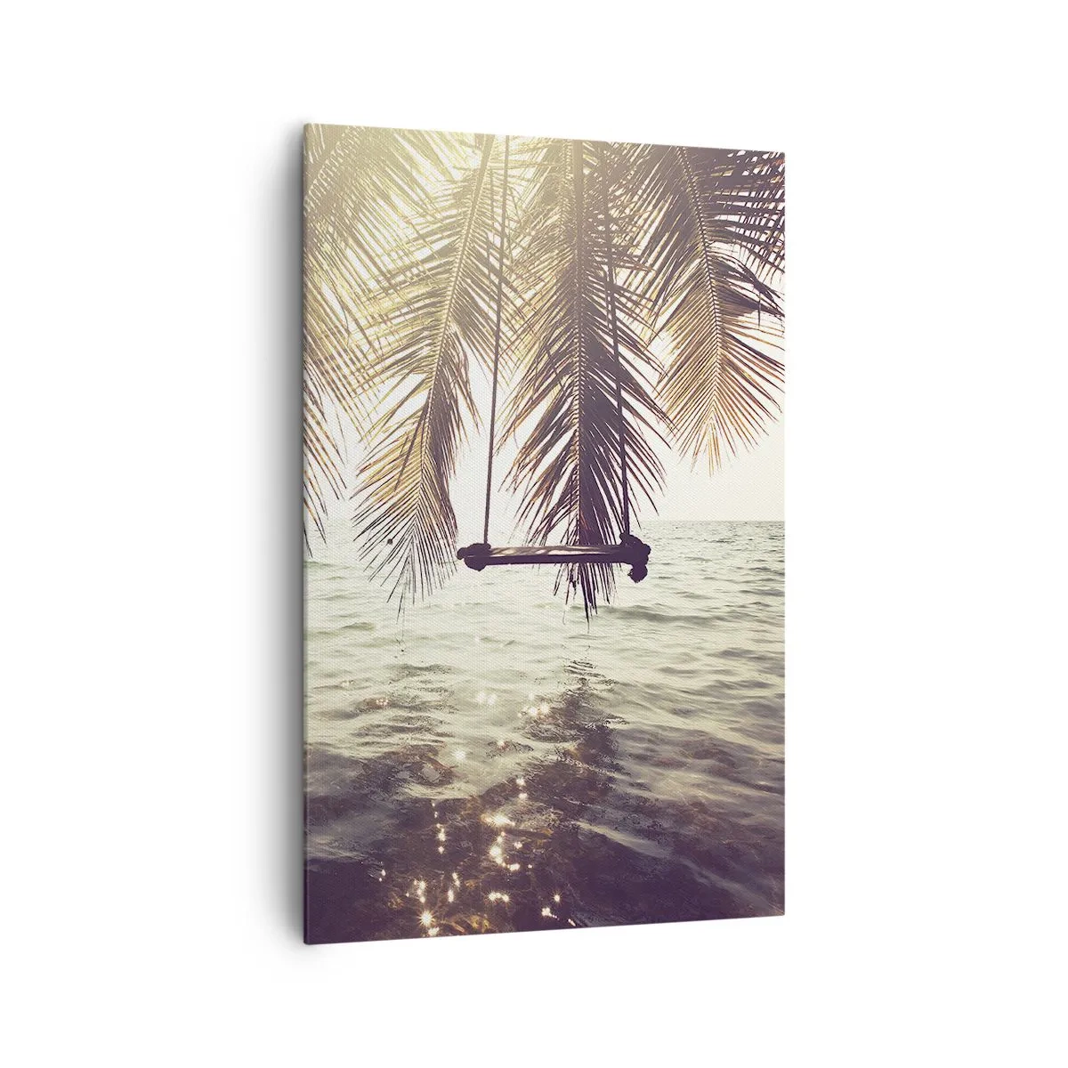 Cuadro sobre lienzo - Impresión de Imagen - Palmera con columpio sobre el agua bajo la luz del sol. - 80x120cm - Columpiar la imaginación - Decoración de pared moderna para salón y dormitorio ARTTOR