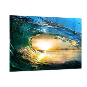Cuadro sobre vidrio - Impresiones sobre Vidrio - Una ola del océano capturada a la luz del sol poniente. - 120x80cm - Ojo de esperanza - Decoración de pared moderna para salón y dormitorio ARTTOR