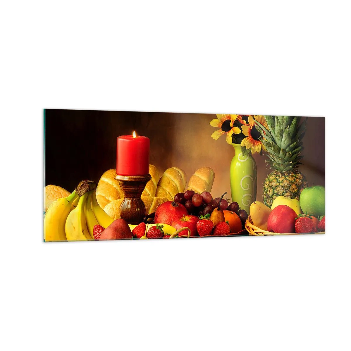 Cuadro sobre vidrio - Impresiones sobre Vidrio - Bodegón con pan y fruta - 100x40 cm
