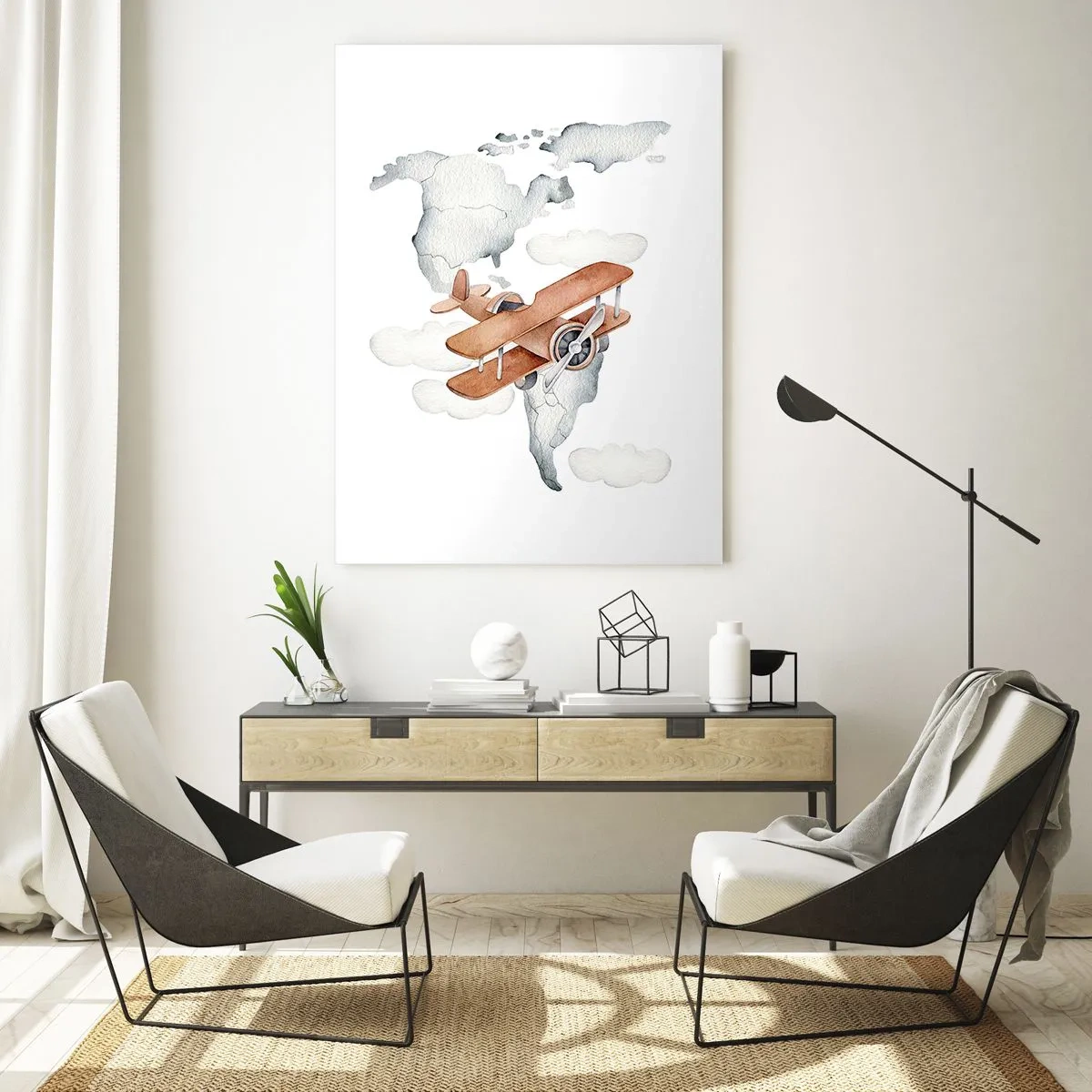 Cuadro sobre vidrio - Impresiones sobre Vidrio - Mapa del mundo de aviones retro para niños - 50x70cm - Con espíritu pionero - Decoración de pared moderna para salón y dormitorio ARTTOR