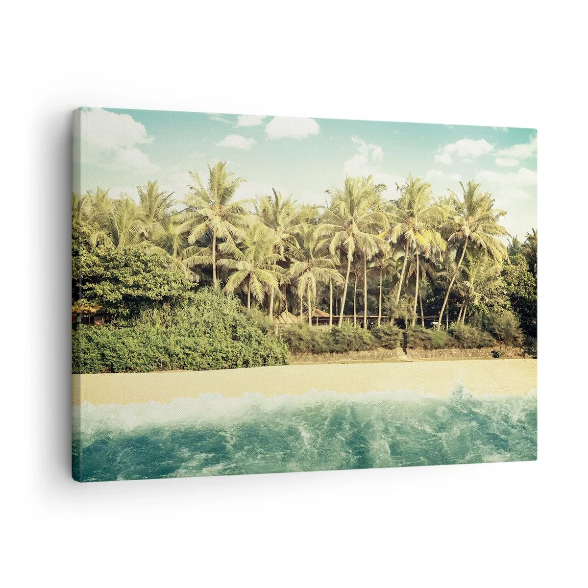 Cuadro sobre lienzo - Impresión de Imagen - Playa tropical con palmeras y mar turquesa. - 70x50cm - ¿Qué tal aquí? - Decoración de pared moderna para salón y dormitorio ARTTOR