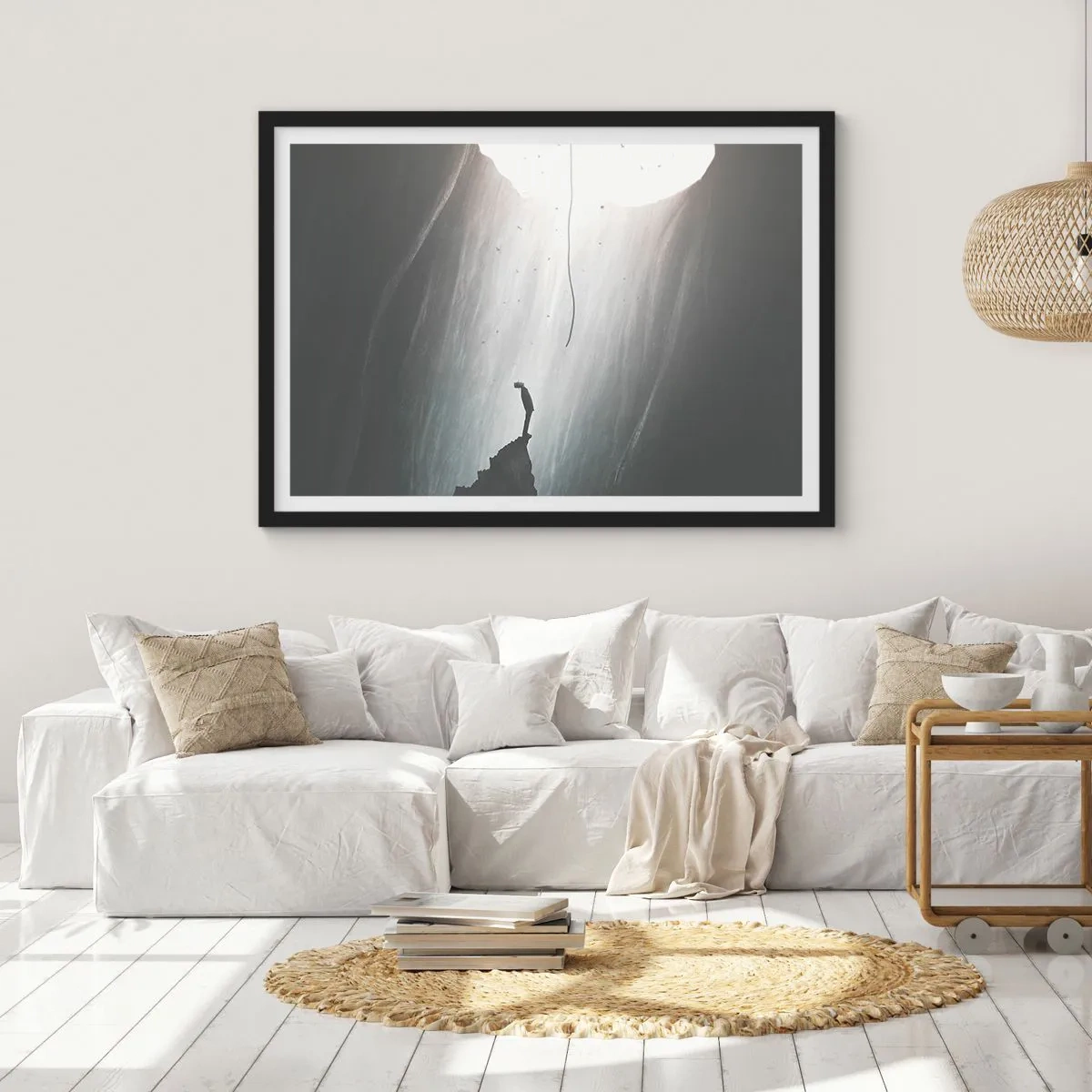 Póster en marco negro - Silueta de un hombre en el suelo de una cueva con vistas a la luz. - 70x50cm - Siempre hay una salida - Decoración de pared moderna para salón y dormitorio ARTTOR