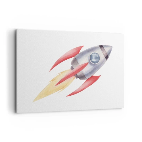 Cuadro sobre lienzo - Impresión de Imagen - Cohete en estilo acuarela sobre fondo blanco. - 120x80cm - Más alto, más rápido, más lejos - Decoración de pared moderna para salón y dormitorio ARTTOR