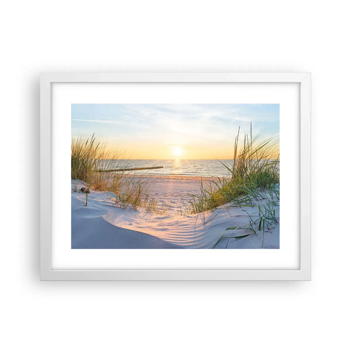 Póster en marco blanco - El sonido del mar, el canto de los pájaros, una playa virgen entre las dunas... - 40x30 cm
