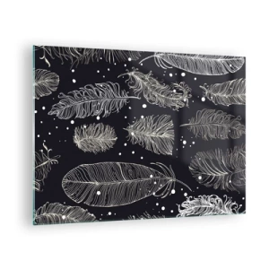 Cuadro sobre vidrio - Impresiones sobre Vidrio - Plumas blancas sobre fondo negro con detalles sutiles. - 70x50cm - Encaje de plumas - Decoración de pared moderna para salón y dormitorio ARTTOR