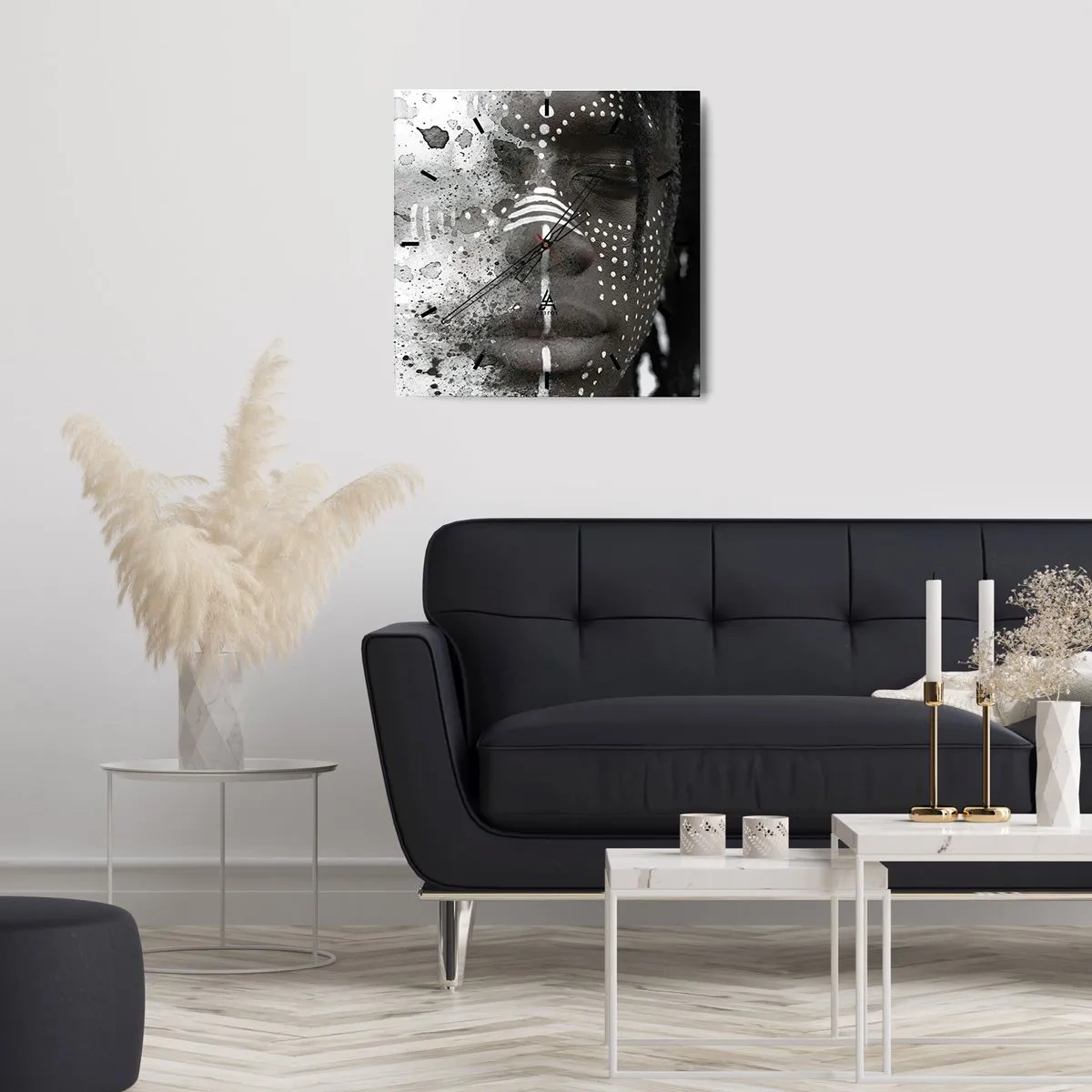Reloj de pared - Reloj de vidrio - Retrato artístico de rostro con patrones abstractos blancos. - 30x30cm - Descubrimiento del espíritu original - Decoración de pared moderna para salón y dormitorio ARTTOR