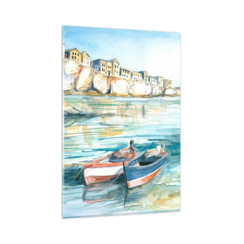 Cuadro sobre vidrio - Impresiones sobre Vidrio - Un pintoresco paisaje costero con barcos en el agua. - 80x120cm - Paisaje en azul - Decoración de pared moderna para salón y dormitorio ARTTOR