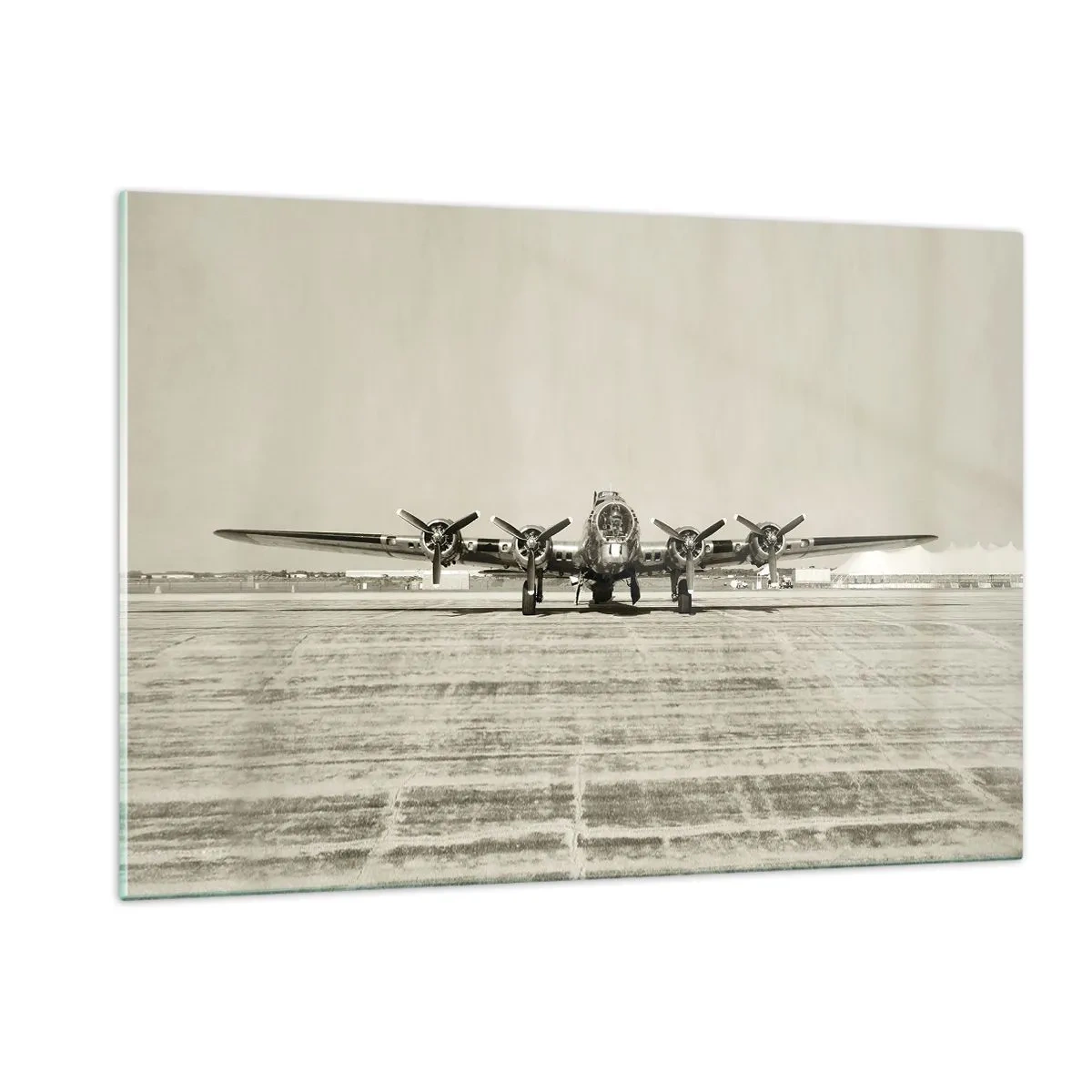 Cuadro sobre vidrio - Impresiones sobre Vidrio - Avión histórico en el aeropuerto en estilo sepia. - 120x80cm - Como siempre, preparado - Decoración de pared moderna para salón y dormitorio ARTTOR