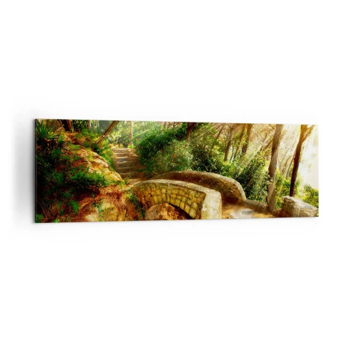 Cuadro sobre lienzo - Impresión de Imagen - Paisaje forestal con rayos de sol y un puente de piedra. - 160x50cm - Directamente desde el puente hacia el bosque de las hadas - Decoración de pared moderna para salón y dormitorio ARTTOR