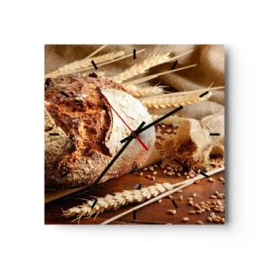 Reloj de pared - Reloj de vidrio - Pan crujiente con cereales y espigas de trigo sobre un fondo de madera - 30x30cm - Apetitoso, fragante, crujiente - Decoración de pared moderna para salón y dormitorio ARTTOR