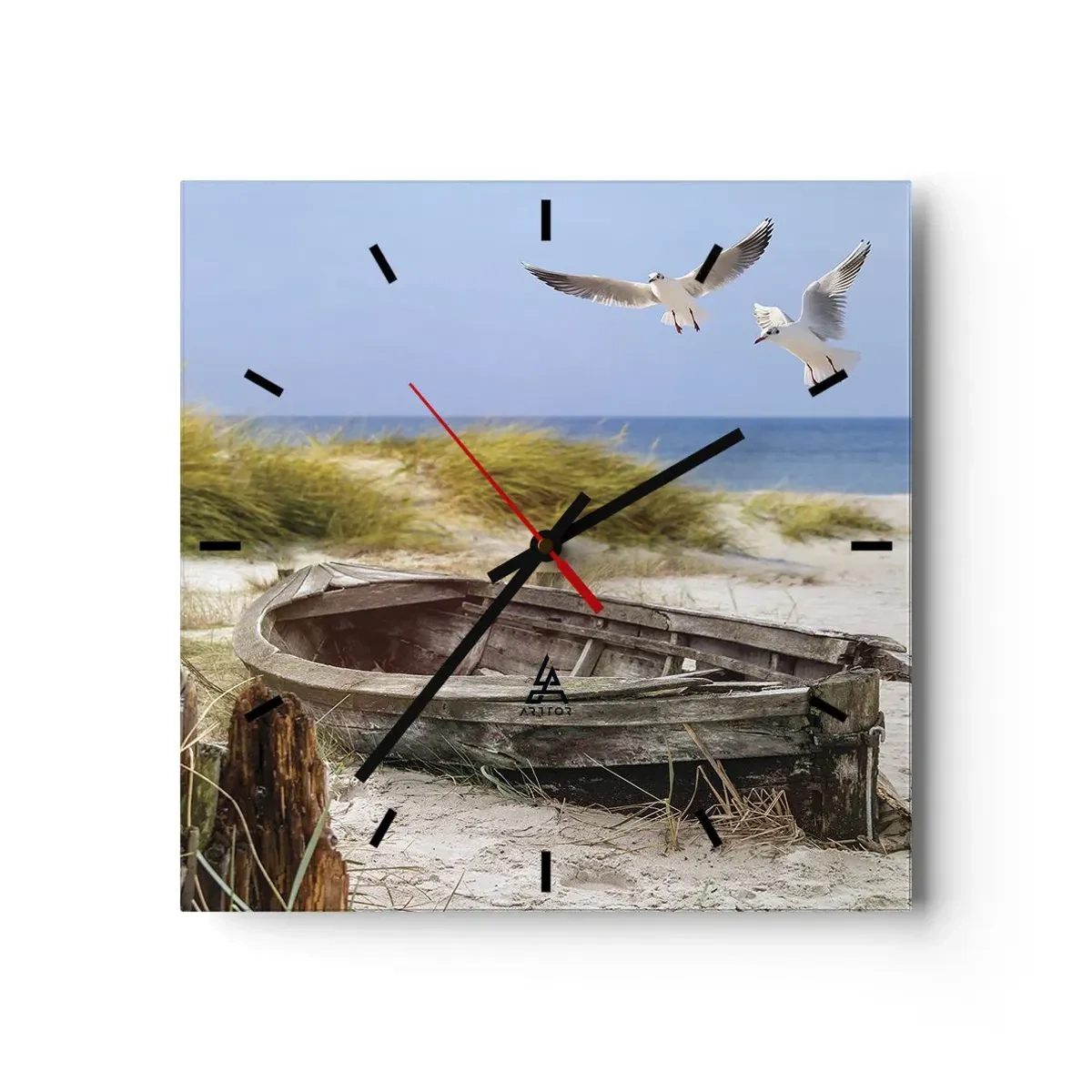 Reloj de pared - Reloj de vidrio - Barco abandonado en una playa con gaviotas - 30x30cm - Bañada por el viento - Decoración de pared moderna para salón y dormitorio ARTTOR