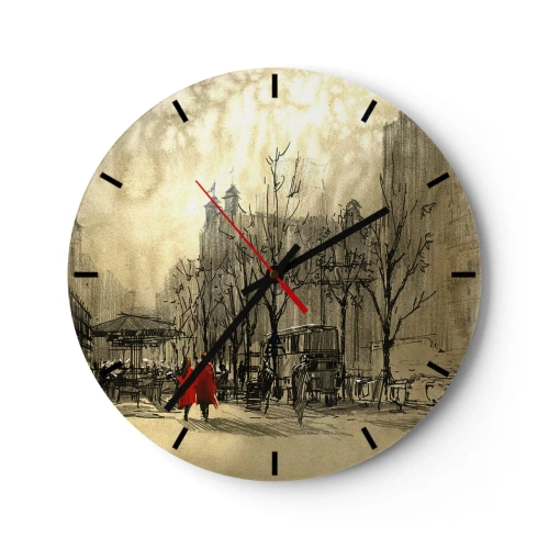 Reloj de pared - Reloj de vidrio - Un motivo callejero de dibujos animados con dos figuras. - 30x30cm - Cita en la niebla de Londres - Decoración de pared moderna para salón, cocina y dormitorio ARTTOR
