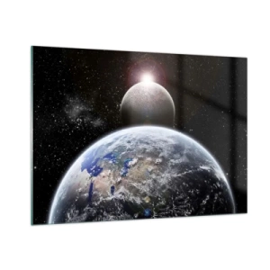 Cuadro sobre vidrio - Impresiones sobre Vidrio - La Tierra y la Luna en el espacio - 100x70cm - Paisaje cósmico - amanecer - Decoración de pared moderna para salón y dormitorio ARTTOR