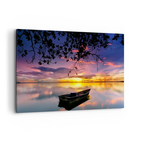 Cuadro sobre lienzo - Impresión de Imagen - Un barco en aguas tranquilas al atardecer. - 120x80cm - Un cielo de ensueño - Decoración de pared moderna para salón y dormitorio ARTTOR