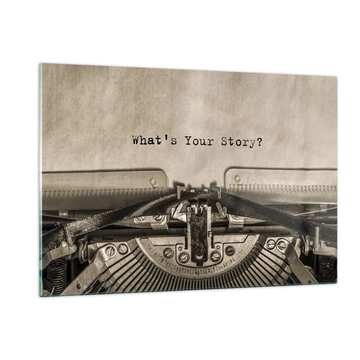 Cuadro sobre vidrio - Impresiones sobre Vidrio - Primer plano de una máquina de escribir con el texto "¿Cuál es tu historia?" - 120x80cm - Solo espero una respuesta - Decoración de pared moderna para salón y dormitorio ARTTOR