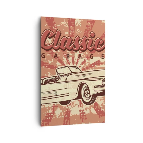 Cuadro sobre lienzo - Impresión de Imagen - Póster retro con un coche clásico y las palabras Classic Garage - 80x120cm - Y Elvis en la radio - Decoración de pared moderna para salón y dormitorio ARTTOR