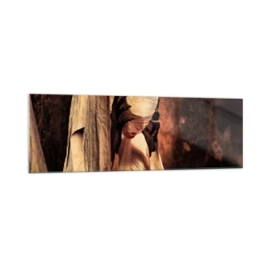 Cuadro sobre vidrio - Impresiones sobre Vidrio - Una mujer con velo y un estilo misterioso sobre un fondo oscuro. - 160x50cm - Entre el bien y el mal - Decoración de pared moderna para salón y dormitorio ARTTOR