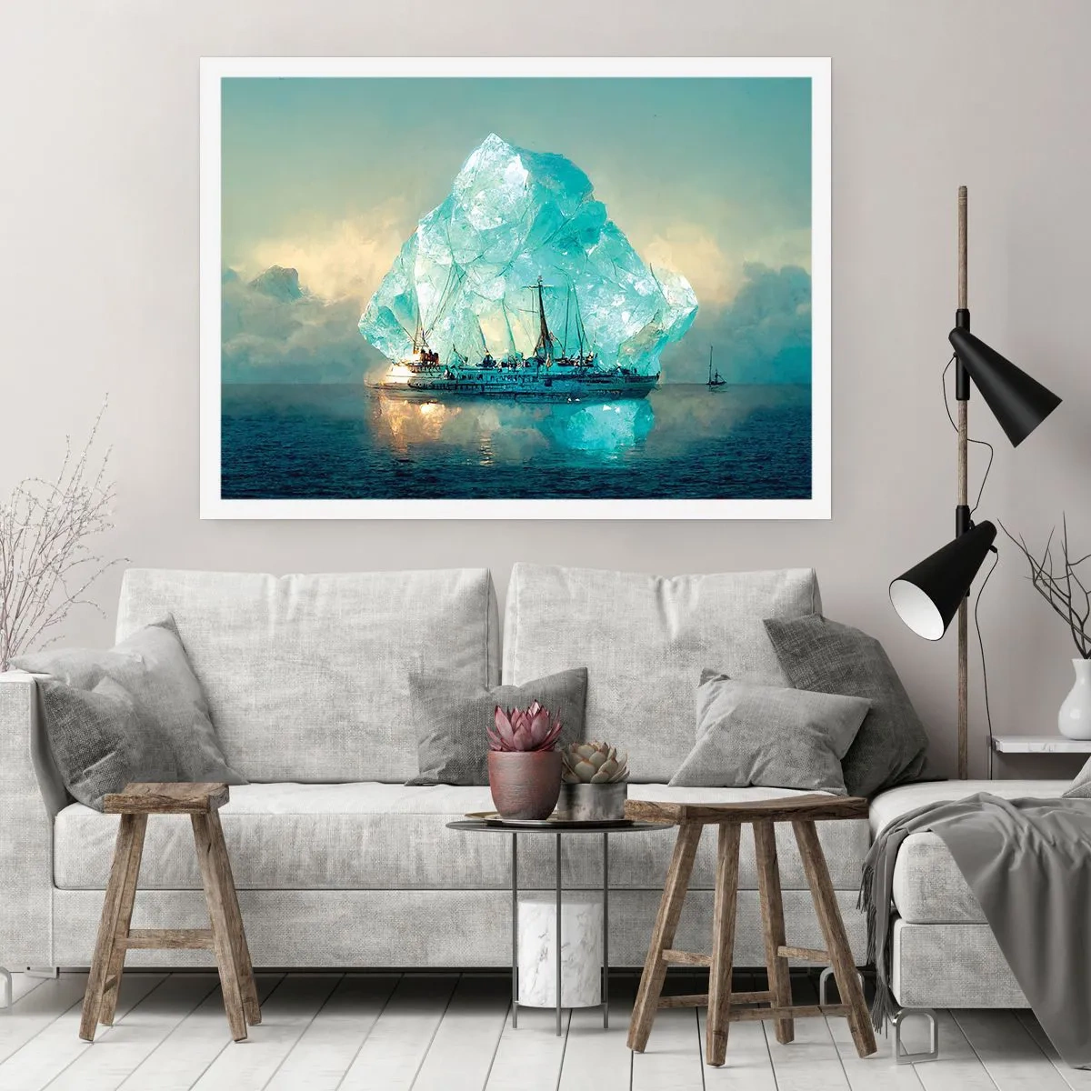 Póster - Un barco con un majestuoso iceberg al fondo. - 100x70cm - Diamante ártico - Decoración de pared moderna para salón y dormitorio ARTTOR