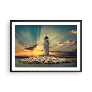 Póster en marco negro - Un faro al atardecer contra el cielo. - 70x50cm - Luz - Bondad - Belleza - Decoración de pared moderna para salón y dormitorio ARTTOR