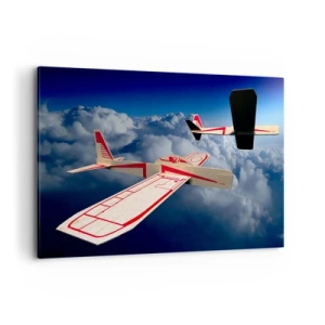 Cuadro sobre lienzo - Impresión de Imagen - Dos aviones de madera volando sobre las nubes contra un cielo azul. - 100x70cm - Más alto, más lejos - Decoración de pared moderna para salón y dormitorio ARTTOR