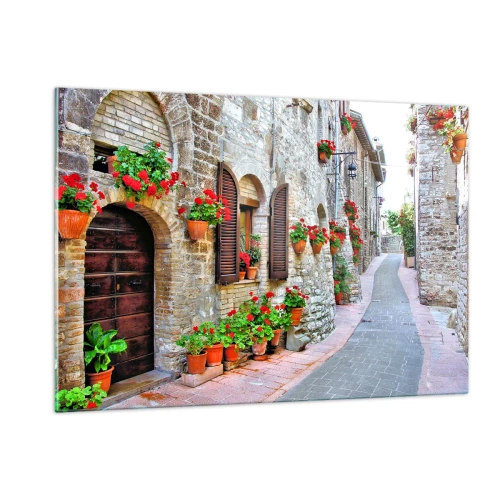 Cuadro sobre vidrio - Impresiones sobre Vidrio - Una calle pintoresca con paredes de piedra y flores rojas. - 120x80cm - Ambiente italiano - Decoración de pared moderna para salón y dormitorio ARTTOR