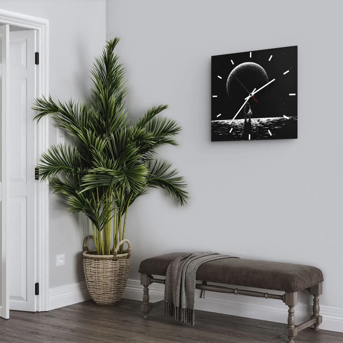 Reloj de pared - Reloj de vidrio - Un astronauta con el telón de fondo de un gran planeta en el espacio exterior. - 30x30cm - Cara a cara - Decoración de pared moderna para salón y dormitorio ARTTOR