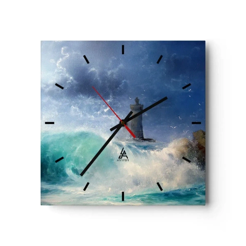 Reloj de pared - Reloj de vidrio - Un faro rodeado de fuertes olas y nubes. - 30x30cm - En guardia contra los elementos - Decoración de pared moderna para salón y dormitorio ARTTOR