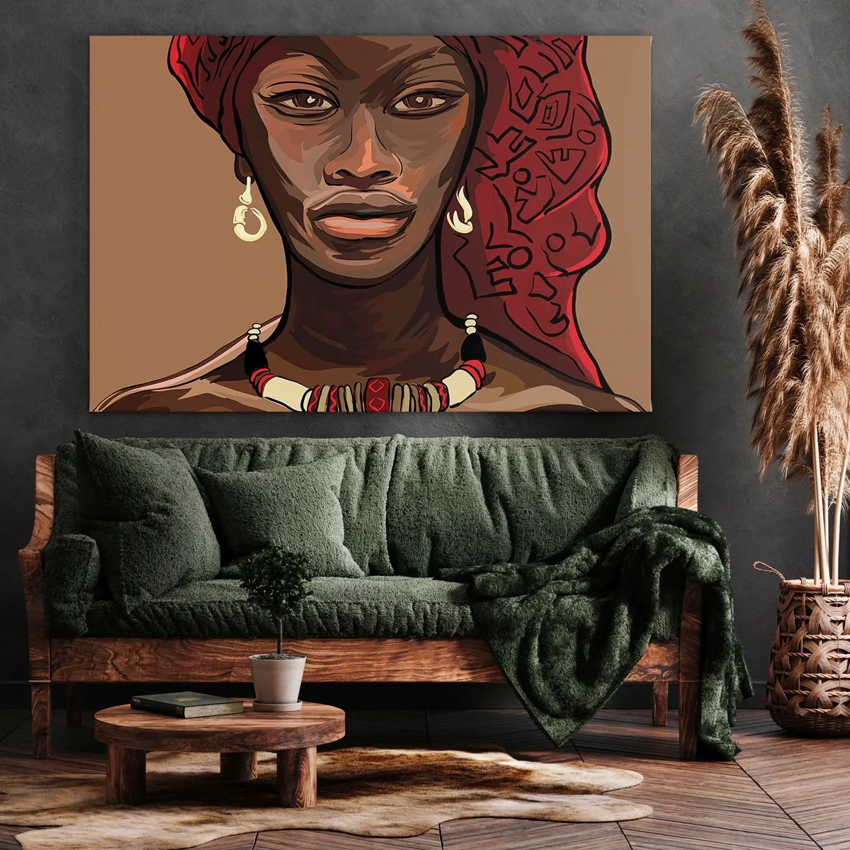 Cuadro sobre lienzo - Impresión de Imagen - Retrato de una mujer con un turbante rojo sobre un fondo beige - 120x80cm - Venus de ébano - Decoración de pared moderna para salón y dormitorio ARTTOR