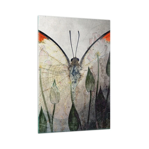 Cuadro sobre vidrio - Impresiones sobre Vidrio - Una mariposa con alas naranjas sobre un fondo de flores estilizadas. - 80x120cm - Donde la mariposa se mece en la hierba - Decoración de pared moderna para salón y dormitorio ARTTOR