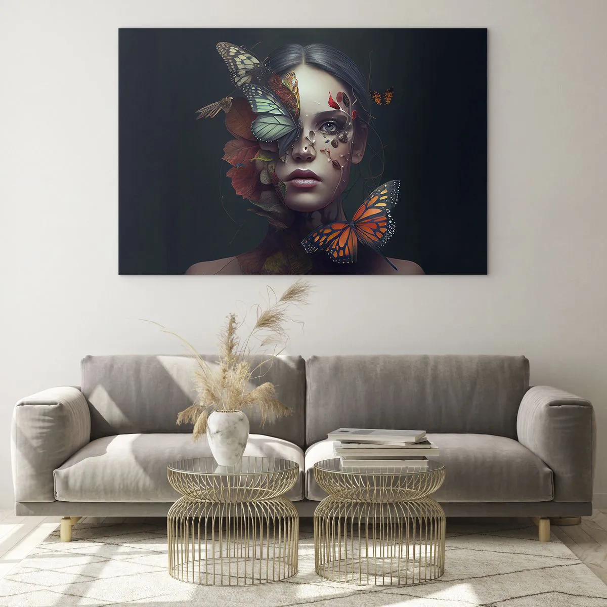Cuadro sobre vidrio - Impresiones sobre Vidrio - Un rostro de mujer con mariposas y hojas en una composición artística. - 100x70cm - Una metamorfosis maravillosa - Decoración de pared moderna para salón y dormitorio ARTTOR