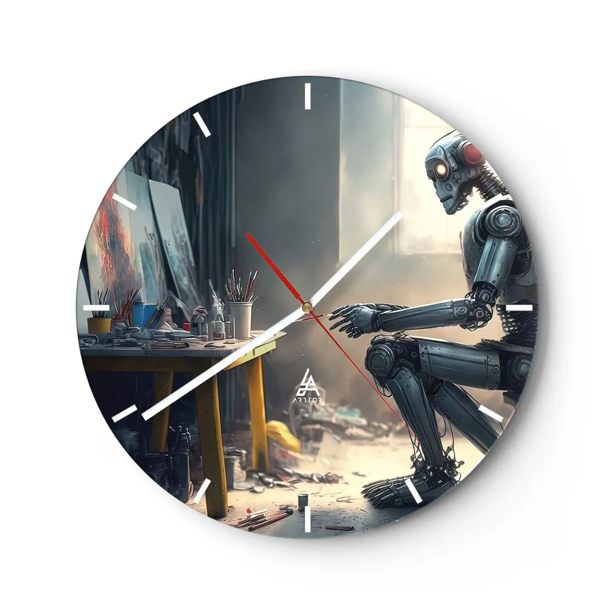 Reloj de pared - Reloj de vidrio - Un robot en una mesa de pintura en un estudio de arte. - 30x30cm - El acto de creación - Decoración de pared moderna para salón, cocina y dormitorio ARTTOR