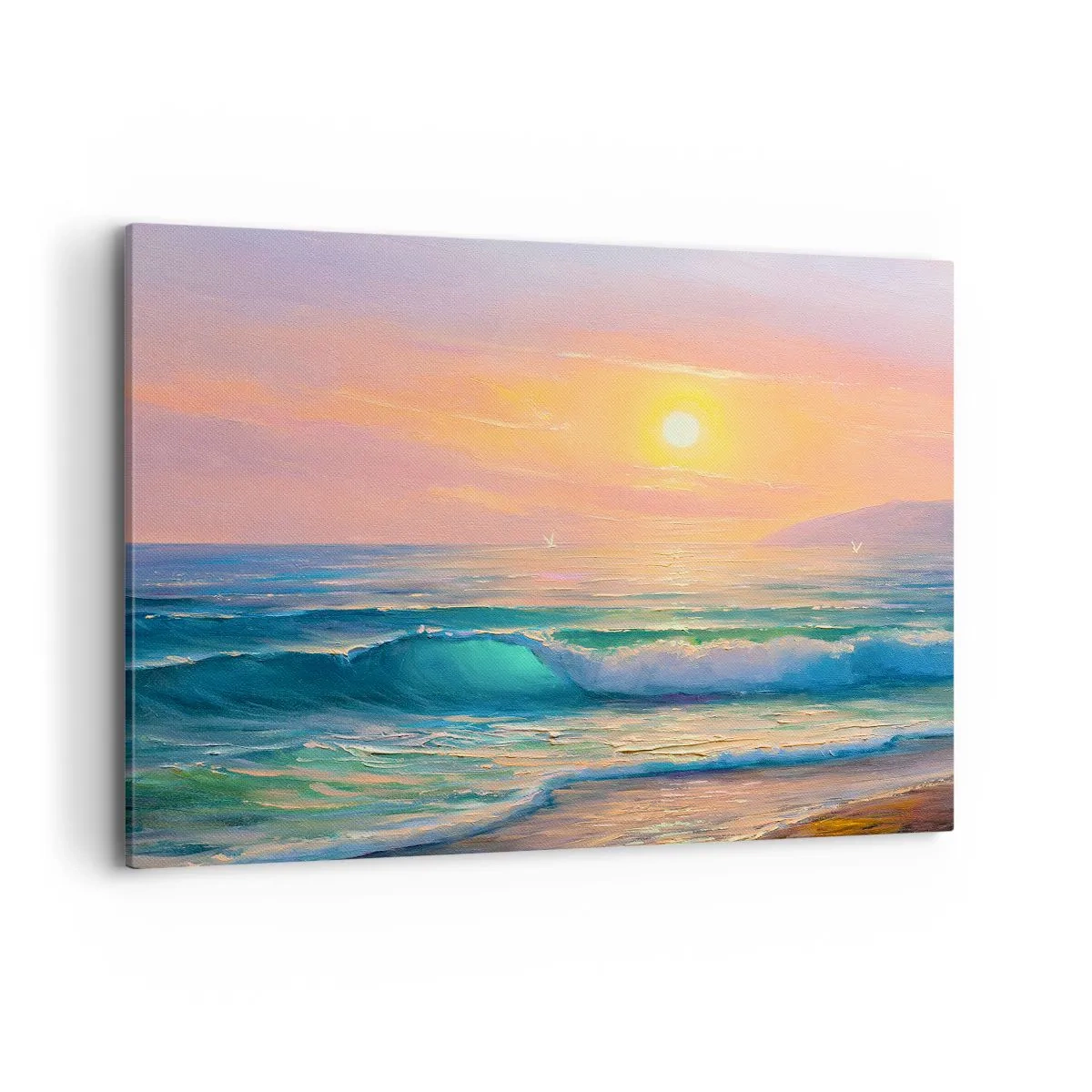 Cuadro sobre lienzo - Impresión de Imagen - Paisaje marino con puesta de sol - 100x70cm - El canto turquesa de las olas - Decoración de pared moderna para salón y dormitorio ARTTOR