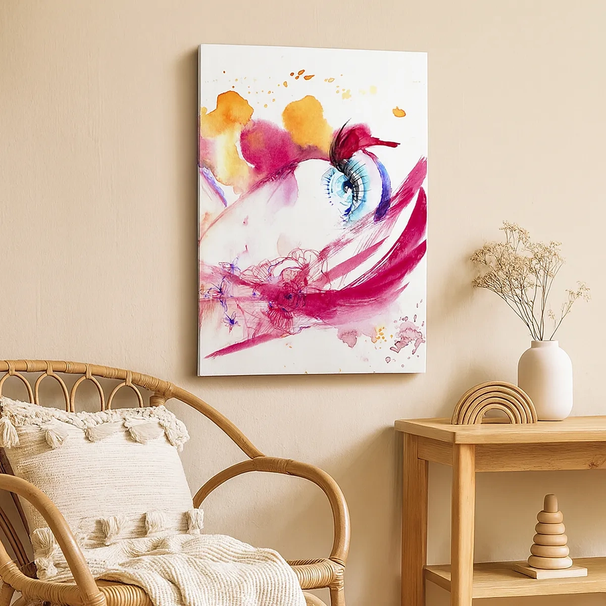 Cuadro sobre lienzo - Impresión de Imagen - Un rostro abstracto con ojos expresivos y acentos rojos. - 50x70cm - En la cercanía el mundo florece - Decoración de pared moderna para salón y dormitorio ARTTOR