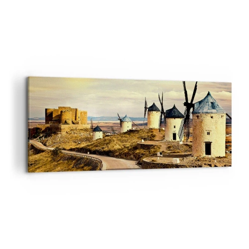 Cuadro sobre lienzo - Impresión de Imagen - Molinos de viento en las colinas con un castillo histórico al fondo - 120x50cm - Don Quijote los vio - Decoración de pared moderna para salón y dormitorio ARTTOR