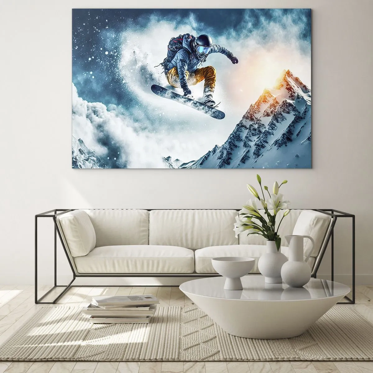 Cuadro sobre vidrio - Impresiones sobre Vidrio - Un snowboarder vuela sobre montañas nevadas. - 120x80cm - Emociones extremas - Decoración de pared moderna para salón y dormitorio ARTTOR