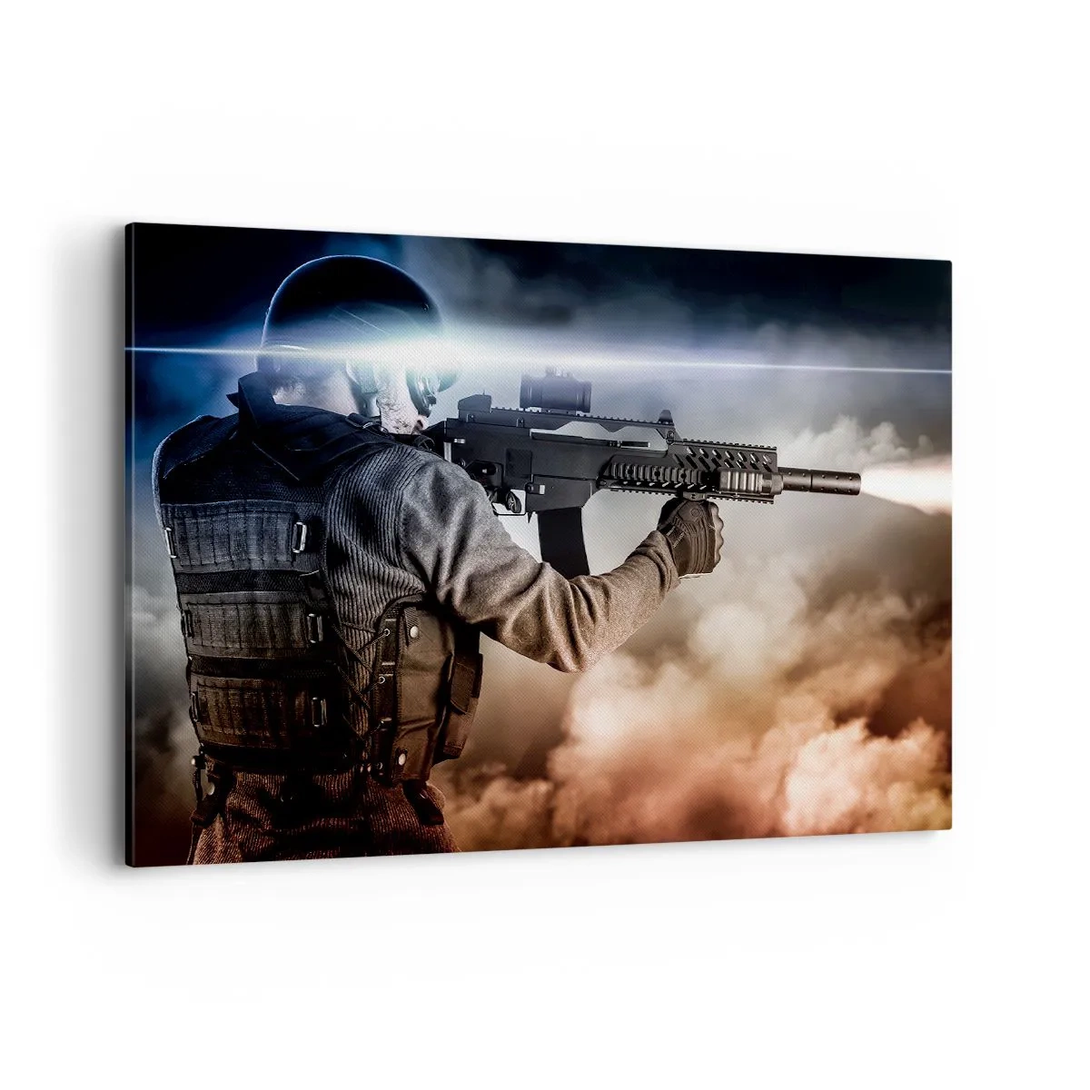 Cuadro sobre lienzo - Impresión de Imagen - Un soldado en acción con un rifle contra un fondo de nubes y luz. - 120x80cm - Luchador - Decoración de pared moderna para salón y dormitorio ARTTOR