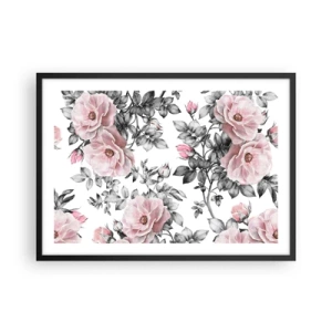 Póster en marco negro - Rosas rosas y hojas sobre un delicado fondo blanco y negro. - 70x50cm - Entre las rosas - Decoración de pared moderna para salón y dormitorio ARTTOR