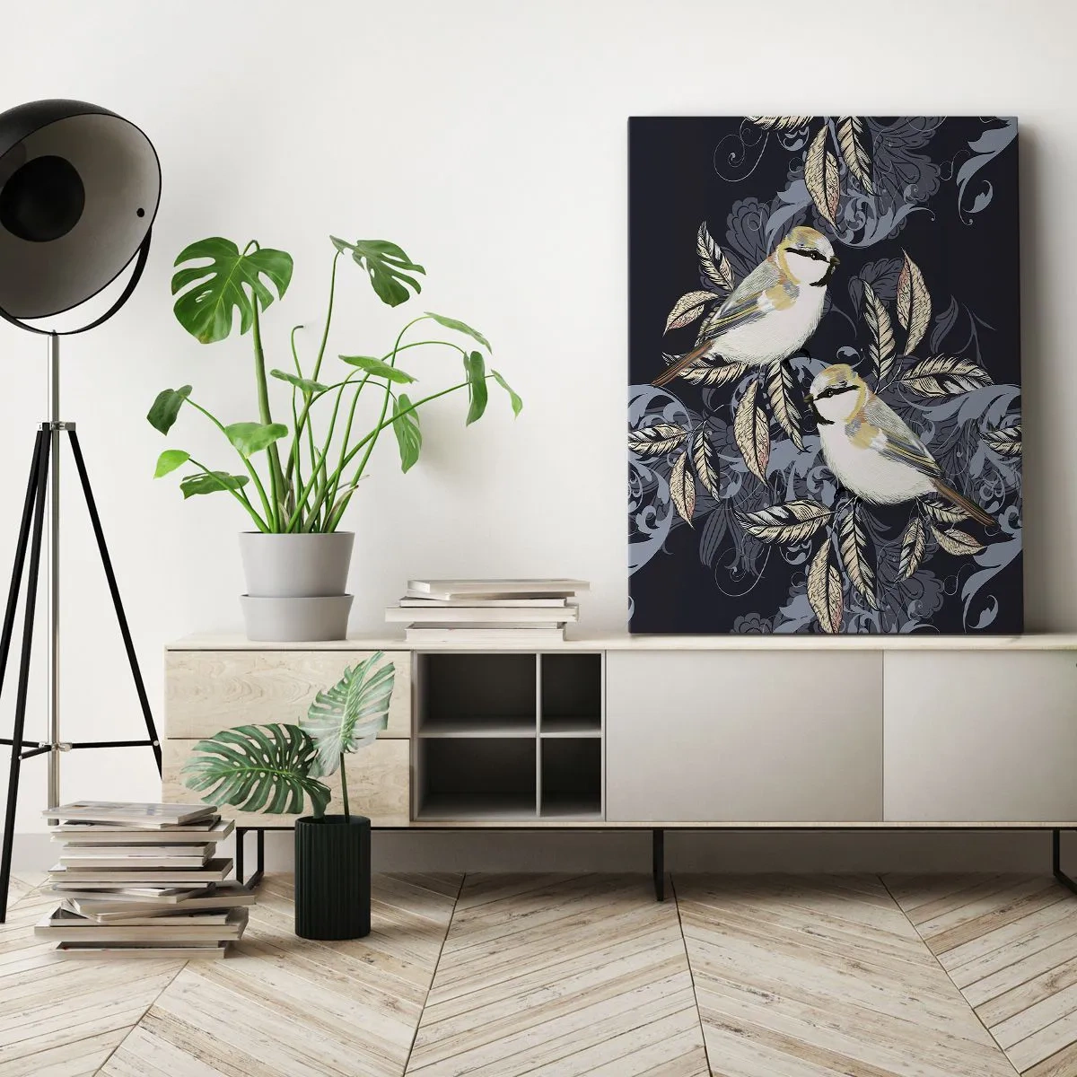 Cuadro sobre lienzo - Impresión de Imagen - Pájaros en ramas sobre un fondo ornamental. - 50x70cm - En la copa del árbol - Decoración de pared moderna para salón y dormitorio ARTTOR