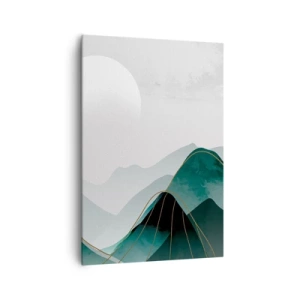 Cuadro sobre lienzo - Impresión de Imagen - Paisaje montañoso abstracto con la luna y líneas doradas. - 70x100cm - Con toda la majestuosidad - Decoración de pared moderna para salón y dormitorio ARTTOR