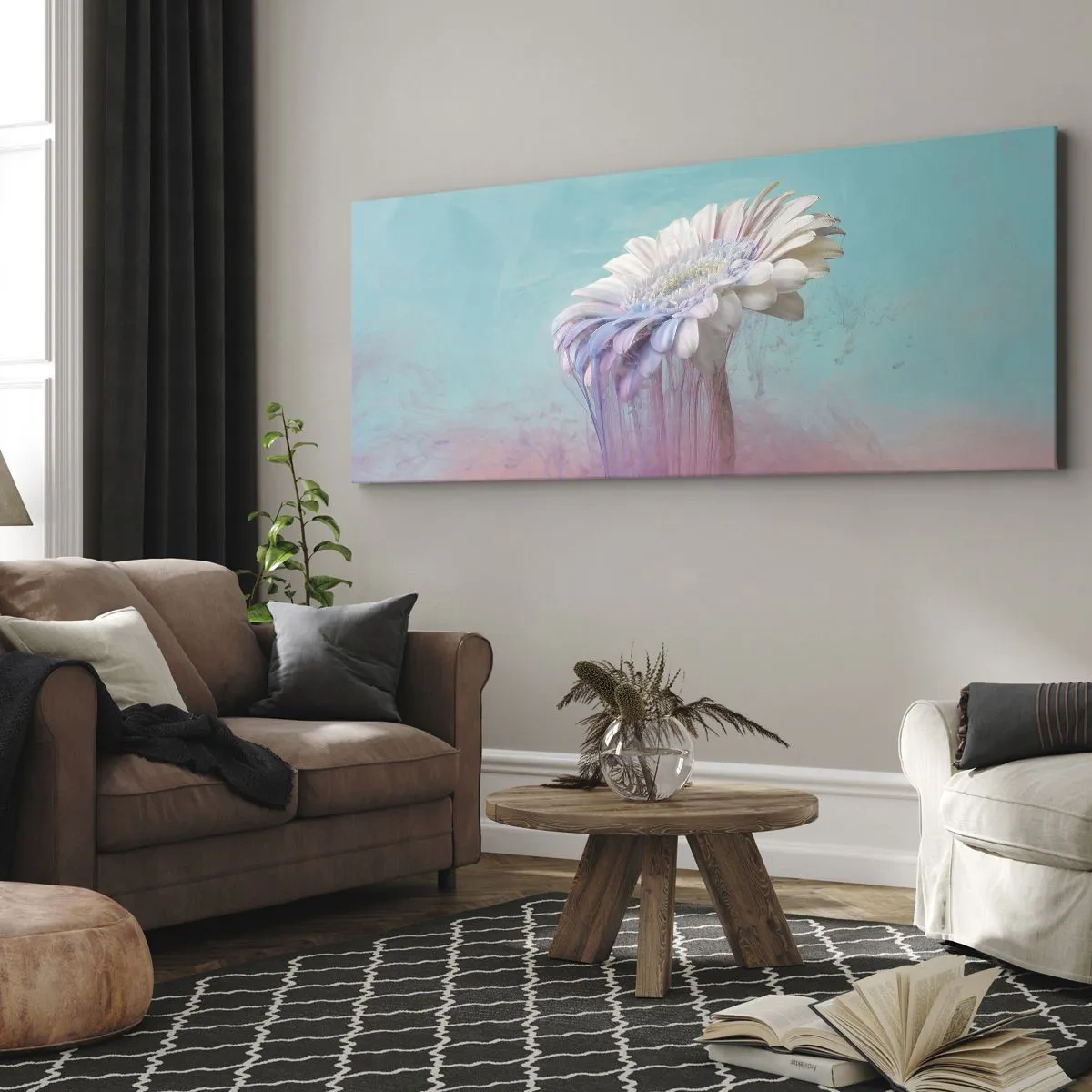 Cuadro sobre lienzo - Impresión de Imagen - Gerbera pastel con efecto difuminado - 160x50cm - El inframundo de las flores - Decoración de pared moderna para salón y dormitorio ARTTOR