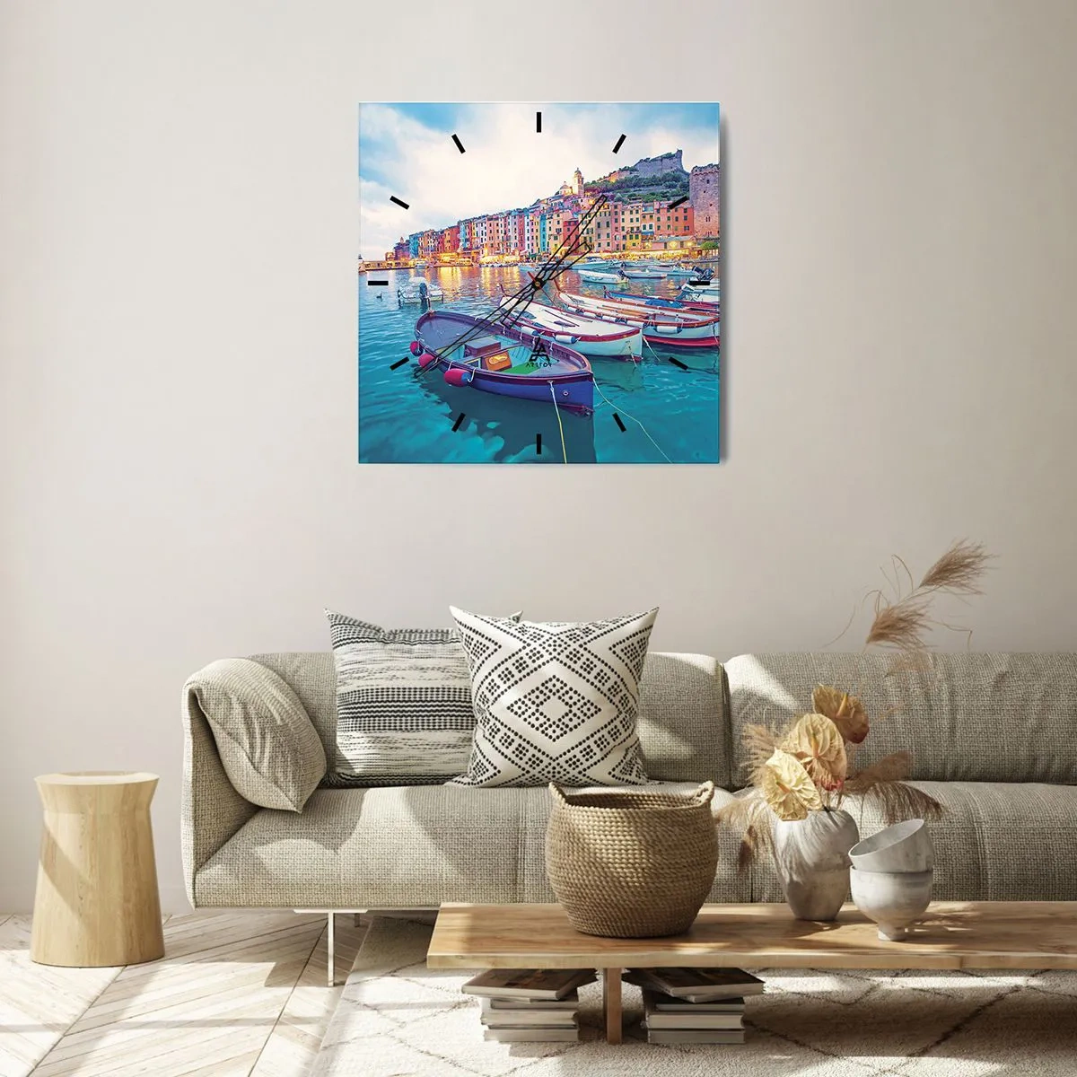 Reloj de pared - Reloj de vidrio - Una noche colorida en el puerto - 40x40 cm