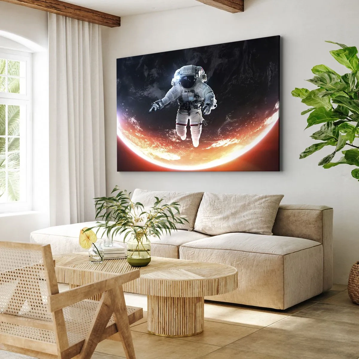 Cuadro sobre lienzo - Impresión de Imagen - Un astronauta flotando sobre una Tierra iluminada por el sol. - 120x80cm - ¿Puedo quedarme un rato más? - Decoración de pared moderna para salón y dormitorio ARTTOR