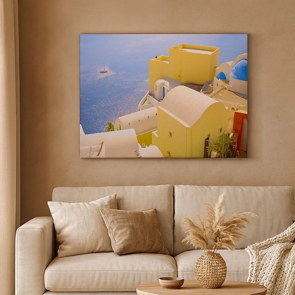 Cuadro sobre lienzo - Impresión de Imagen - Arquitectura griega con vistas al mar y un barco al fondo. - 70x50cm - Paisaje griego en blanco y azul - Decoración de pared moderna para salón y dormitorio ARTTOR