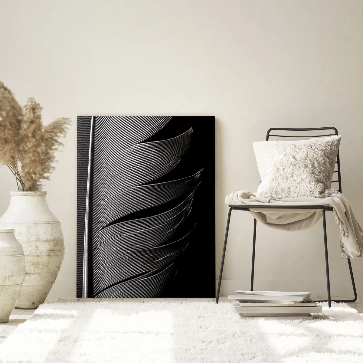 Cuadro sobre vidrio - Impresiones sobre Vidrio - Textura de plumas en blanco y negro en un estilo minimalista. - 70x100cm - Pluma - una construcción maravillosa - Decoración de pared moderna para salón y dormitorio ARTTOR